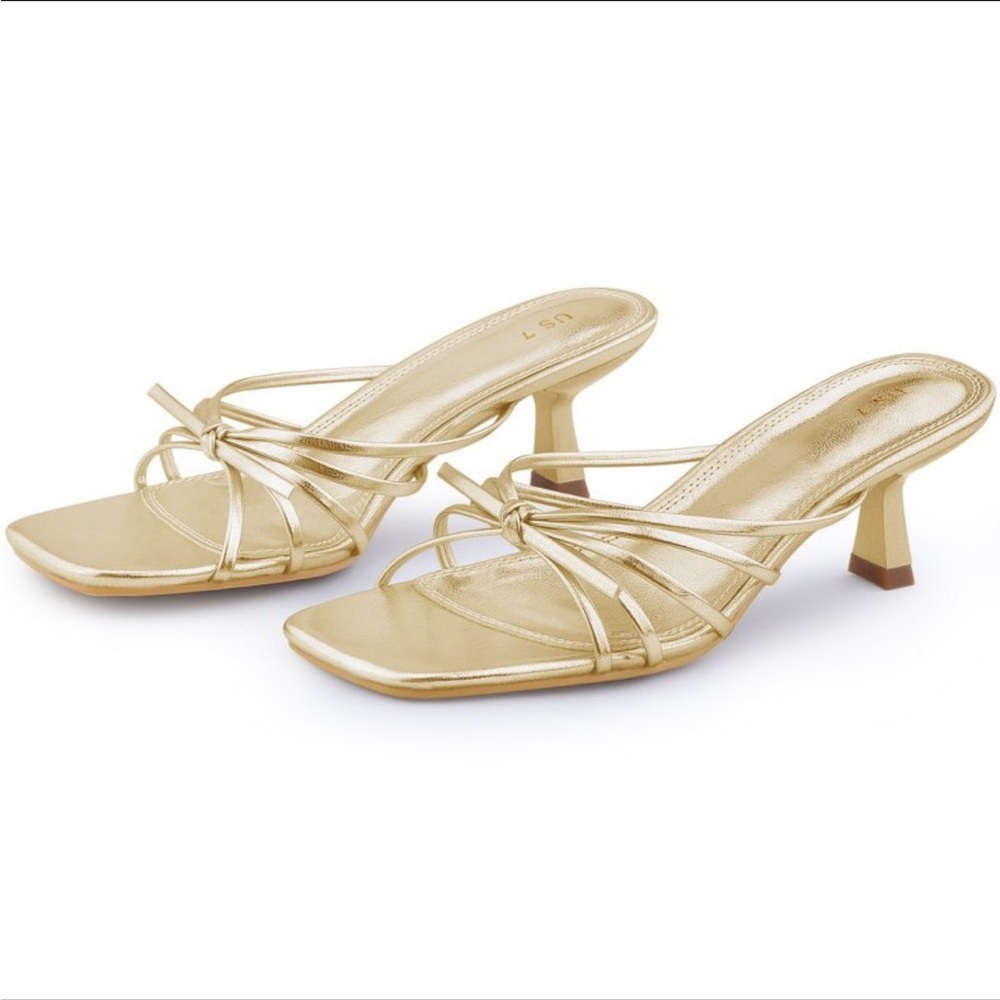 Gold Strappy Knot Kitten Heel Sandals - Women's